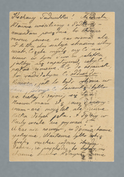 List na karcie pocztowej napisany na pustej części karty i na części przy danych pocztowych. Okrągła pieczątka na treści. Na rewersie nadrukowany znaczek pocztowy, ślad prawdopodobnie po oderwanym znaczku, okrągła pieczątka z datą nadania i trzy prostokątne. Na jednej z prostokątnych pieczątek napis: „DZIELNICE POCZTOWE | ŚRÓDMIEŚCIE-BRÓDNO-CZERNIAKÓW | GROCHÓW-MOKOTÓW-OCHOTA- | PRAGA-RAKOWIEC-TARGÓWEK- | WOLA-ŻOLIBORZ”. Dwie pozostałe prostokątne pieczątki odciśnięte tylko częściowo, ponieważ stempel znalazł się poza krawędzią karty. U góry, po lewej, nadruk w ramce: „CZYTELNY I DOKŁADNY ADRES – PRZYŚPIESZA DORĘCZENIE”.
Z treści: Kochany Tadziulku! | Właśnie wróciliśmy z Podkowy – zmarzłam porządnie, bo chociaż mrozu jeszcze u nas nie ma, ale od kilku dni szaleje strasznie silny wiatr. Ciągle myślę, czy Ci nie zimno w tym Twoim paletku, jakbyś się zapatrywał, żeby Ci posłać zimowe. […]