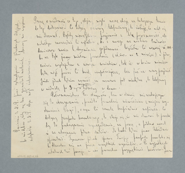 Odręczny list napisany na obu stronach pojedynczej karty papieru firmowego. U góry strony nadruk: „GŁOS GOSPODARCZY” | ORGAN | FEDERACJI ZRZESZEŃ PRZEDSTAWICIELI HANDLOWYCH i KOMISANTÓW R. P. Na odwrocie dopisek na lewym marginesie.
Z treści: Mój Drogi! Zaczynam od daty, czego Ty nie czynisz. A to jest szczegół, który nie raz ma duże znaczenie. Przechodząc do sprawy Gł. G. zawiadamiam, że dziś wysłaliśmy ekspresową przesyłkę 5 numerów N 10, 15 – N 12 oraz N 3 r. b. – 10. Ponadto 50 blankietów i kopert. […]