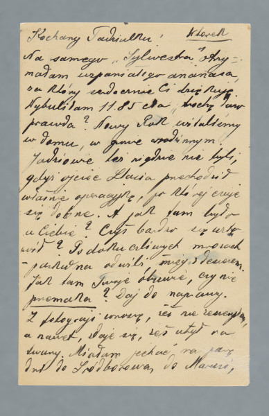 List na karcie pocztowej pisany na pustej części karty i na części przy danych pocztowych. Na rewersie naklejony znaczek pocztowy, okrągła pieczątka, widoczny ślad prawdopodobnie po oderwanym znaczku; nadruki - m.in. „Karta Pocztowa”.
Z treści: Kochany Tadziulku! | Na samego „Sylwestra” otrzymałam wspaniałego ananasa, za który serdecznie Ci dziękuję. Wybuliłam 11.85 cła. Trochę dużo, prawda? Nowy Rok witaliśmy w domu, w gronie rodzinnym. […]