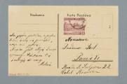 List na karcie pocztowej pisany na pustej części karty i na części przy danych pocztowych. Na rewersie naklejony znaczek pocztowy, okrągła pieczątka, widoczny ślad prawdopodobnie po oderwanym znaczku; nadruki - m.in. „Karta Pocztowa”.
Z treści: Kochany Tadziulku! | Na samego „Sylwestra” otrzymałam wspaniałego ananasa, za który serdecznie Ci dziękuję. Wybuliłam 11.85 cła. Trochę dużo, prawda? Nowy Rok witaliśmy w domu, w gronie rodzinnym. […]