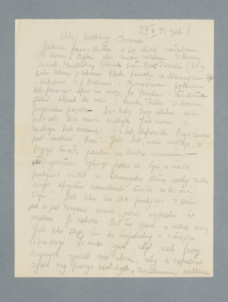 Odręczny list napisany częściowo ołówkiem oraz niebieskim i czarnym atramentem na trzech czystych kartach. Na trzeciej stronie kleks znajdujący się blisko lewego dolnego rogu.
Z treści: Mój kochany Tajwiusiu! | Godzina późna – […] [nieczytelne]. W tej chwili wróciłam do domu. Byłam dziś mocno zalatana […] [nieczytelne]. Związek, […] [nieczytelne], Zebranie Kom. Rewiz. Związku (30 IV walne zebranie), zebranie Klubu […] [nieczytelne] z p. […] [nieczytelne] i Mieczysławem […] [nieczytelne]. […]