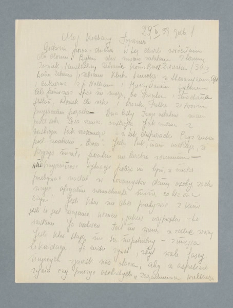 Odręczny list napisany częściowo ołówkiem oraz niebieskim i czarnym atramentem na trzech czystych kartach. Na trzeciej stronie kleks znajdujący się blisko lewego dolnego rogu.
Z treści: Mój kochany Tajwiusiu! | Godzina późna – […] [nieczytelne]. W tej chwili wróciłam do domu. Byłam dziś mocno zalatana […] [nieczytelne]. Związek, […] [nieczytelne], Zebranie Kom. Rewiz. Związku (30 IV walne zebranie), zebranie Klubu […] [nieczytelne] z p. […] [nieczytelne] i Mieczysławem […] [nieczytelne]. […]