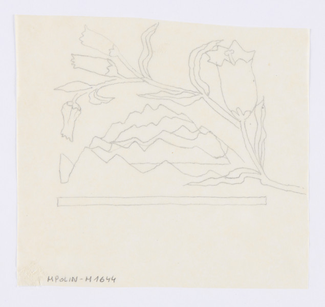 ilustracja - Rysunek czarnym piórkiem, konturowy, na kremowej karcie półtransparentnego papieru: cztery pąki kwiatów - z których lewy jest największy i otwarty, pozostałe mniejsze i zamknięte, na łodydze ciągnącej się od lewej do prawej strony karty. Rysunek w górnej części karty. Pod łodygą widoczne linie układające się w poziome zygzaki, linie górne wznoszą się w środkowej części. Dolna część kompozycji zamknięta podłużnym poziomym prostokątem. Karta ma nieregularne krawędzie: górna opada ku krawędzi lewej.