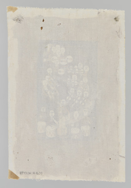 ilustracja - Przedstawienie usytuowanych przeważnie na wprost postaci z twarzami ludzkimi (u górny i u góry po prawej), ale także z czaszkami w miejscu głów (po lewej i u dołu), z instrumentami muzycznymi. Rozmieszczone w kompozycji w nieregularnych pięciu-sześciu rzędach, namalowanych bez zastosowania perspektywy. Twarze i czaszki przedstawione w tonacji bieli, reszta sylwetek najczęściej brązowa, tło głównie czarne.W pierwszym, najniższym rzędzie widoczne bębny (postacie przy nich mają również pałki, skierowane ku dołowi), a pośrodku postać z instrumentem smyczkowym. Scenę obramowuje namalowana prostokątna brązowa ramka, u góry i po bokach o dość równej szerokości, u dołu o większej. Jej wewnętrzne krawędzie są proste, zewnętrzne w dużej mierze nieregularne, z widocznymi liniami pędzla.