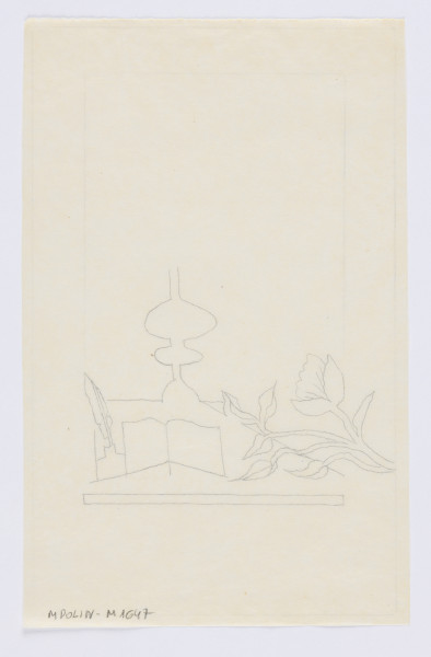 ilustracja - Konturowy rysunek czarnym piórkiem, przedstawiający lampę w górnej prawej części, pąk kwiatu i liście na łodygach - po lewej, otwarty zeszyt (?) i kałamarz z piórem; nad podłużnym poziomym prostokątem.Kompozycja wzięta w podwójne prostokątne obramowanie wykonane ołówkiem: zewnętrzny prostokąt tuż przy krawędzi ramy, wewnętrzny oddalony od zewnętrznego około 2 cm przy krawędziach górnej i bocznych (dolna krawędź tego prostokąta nienarysowana, zamiast niej ww. podłużny prostokąt, usytuowany w większym oddaleniu od dolnej krawędzi karty). Łodyga kwiatu wychodzi poza wewnętrzne obramowanie i dochodzi do zewnętrznego, którego linii nie przekracza. Na kremowej karcie półtransparentnego papieru.