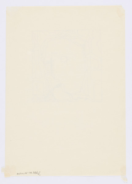 ilustracja - Rysunek konturowy i schematyczny okrągłej wyrwy w ścianie, ze spękaniami widocznymi z każdej strony wyrwy. Na pierwszym planie u dołu gałązka, obok niej hełm w pozycji pionowej (tj. nie leżący, ale postawiony na tylnej części) ze swastyką przy krawędzi znajdującej się u góry (tj. przedniej; swastyka wystaje częściowo ponad krawędź), w centrum kompozycji słońce (okrąg z rozchodzącymi się z niego jedenastoma promieniami-kreskami), obok niego kratowana konstrukcja budownicza z flagą.Praca na półtransparentnym kremowym papierze. Kwadratowa kompozycja usytuowana w górnej części karty. Na granicach rysunku widoczny podrys kwadratu wyznaczającego linie zamknięcia kompozycji.