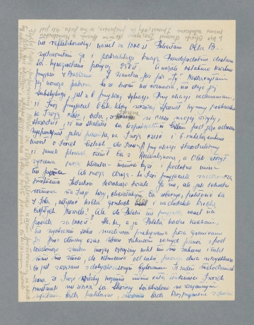 Fragment listu do Perla od Pesy Frydlender (później Kern) omawiającej wypadki, które wydarzyły się w okresie pisania listu (rok 1938 lub 1939) w środowisku znajomych. Napisany częściowo niebieskim piórem, a częściowo ołówkiem na pojedynczej czystej karcie, obustronnie. Brak początku - list zapewne napisany został na dwóch lub więcej kartach, pierwsze nie zachowały się. Na marginesach obu stron, dookoła - wzdłuż krawędzi, zapisane są ostatnie partie listu, ołówkiem - ponieważ od pewnego momentu (połowa strony verso) tekst zaczął być pisany ołówkiem, także poprawiany (niektóre słowa nawet na stronie recto, zapisanej w początkowej części tekstu piórem, są poprawione, uczytelnione, ołówkiem).
Z treści: ,,[…] nie reflektowałbyś nawet za 1000 zł. Poleciłam Olka B. ... wydzwoniłam go i pertraktacje trwają. Prawdopodobnie dostanie się. Wynagrodzenie powyżej 250 zł. A w ogóle ostatnio kwitnie przyjaźń z Bachrami [tj. Aleksandrem Bachrachem i jego żoną?]. I Wandzia już per ,,Ty''. Nastręczyłam jej nowego patrona [?}, bo ze swoim nie rozmawia, nie daje jej substytucji, jest w b. przykrej sytuacji. Przy okazji nadmieniam, iż Twój przyjaciel Olek, który wczoraj śpiewał hymny pochwalne na Twoją część, sądzę, że szczerze, w czasie mojej wizyty, stwierdził, iż nie skalałeś się bezpośrednim listem pod jego adresem. Wyśpiewywał jakąś piosenję na Twoją cześć i b. [słowa/o nieczytelne] mówił o Twoich listach do Tross –. […]''