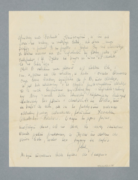 Odręczny list napisany na dwóch czystych kartach. Główna część listu została napisana 6.07.1939 r. Dalsza część wiadomości dopisana 11.07.1939 r. Karty pogniecione.
Z treści: Kochany Tadziku! | W imieniu zarządu składam podziękowanie za przesłane Związkowi wyrazy współczucia z powodu śmierci Gp. V-Prezesa p. Müllera. A w imieniu własnym za wyjątkowo miły list. […]