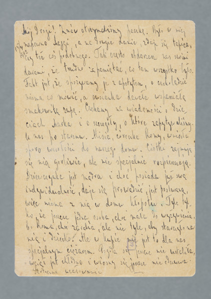 List na karcie pocztowej. Na rewersie dwa znaczki pocztowe (jeden naklejony, drugi nadrukowany), nalepka polecenia, pieczątki, w tym jedna z godłem III Rzeszy.
Z treści: Mój Drogi! Znów otrzymaliśmy paczkę. Było w niej na pewno Maggi, a na drugie danie, zdaje się tapica, czy też coś podobnego. Tak często obdarzasz nas swoimi darami, że trudno zapamiętać, co tam wszystko było. Fakt jest, że spożywamy je z apetytem, o czekoladzie nie ma co mówić, a owsianka dawała wspaniałą smakowitą zupę. […]