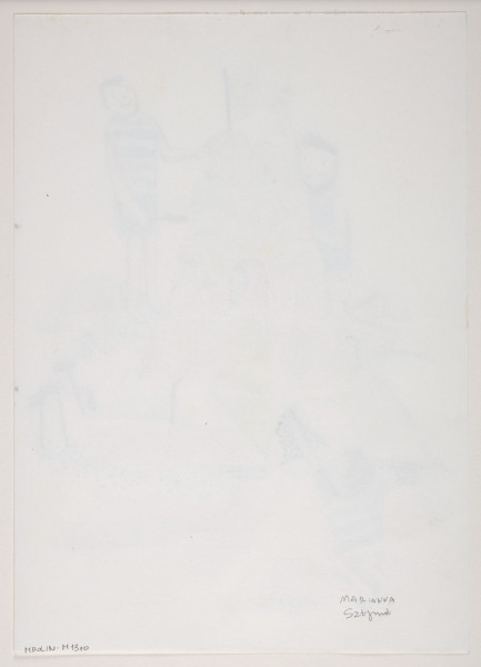 kolaż - Przedstawienie wielobarwne czterech chłopców i niewysokiej budowli z niewielkimi oknami i z żółto-niebieską flagą (element naklejony) na szczycie. Trzech chłopców (rysunki podmalowane ekoliną) w niebieskich ubraniach (elementy pomalowane ekoliną) znajduje się przy budowli: jeden stoi (po prawej u góry), drugi kuca (chłopiec u dołu po lewej; tyłem, twarz widoczna w profilu), trzeci klęczy (po lewej u góry). Jeden chłopiec znajduje się wewnątrz, jest widoczny w środkowym oknie fragment jego twarzy. Stojący chłopiec trzyma czarną łopatkę w lewej ręce, z brązową bryłą z czerwonymi kropkami na łopatce (element naklejony). Bryła - wielobarwna, kilkukondygnacyjna (stworzona przez skomponowanie całości z dziesięciu elementów naklejonych). Na budowli widoczne dwie drabinki (rysunek) i cztery gruszki (rysunki). Obok budowli, po prawej, rysunek trzech szyszek na kijkach (kijki brązową kredką, szyszki ołówkiem). W okolicach budowli widoczne wielobarwne bryły (elementy papieru naklejone, nie tylko wycinane, ale także darte), miejscowo - widocznych jest na karcie w okolicach budowli i brył wiele kropek czarnych i niebieskich.Przy twarzy chłopca stojącego widoczny szkic z pierwszego rysunku twarzy - niewykończony profil.Na odwrocie niektóre elementy kompozycji silniej przebijają, zwłaszcza ciemne kropki w dolnej części.