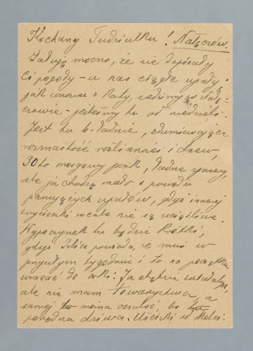 List na karcie pocztowej napisany na pustej części karty i na części przy danych pocztowych. Na rewersie nadrukowany znaczek pocztowy, ślad prawdopodobnie po oderwanym znaczku, okrągła pieczątka z datą nadania i fragment drugiej (reszta oderwana wraz ze znaczkiem); nadruki - m.in. „TELEFON MIĘDZYMIASTOWY USUWA ODLEGŁOŚĆ!”.
Z treści: Kochany Tadziulku! | Żałuję mocno, że nie dopisały Ci pogody – u nas ciągłe upały. Jak wnosisz z karty, siedzimy w Nałęczowie – jesteśmy tu od niedzieli. Jest tu b. ładnie, zdumiewająca rozmaitość roślinności i drzew, 30to morgowy park, ładne spacery, ale ja chodzę mało z powodu panujących upałów, gdyż inaczej wycieczki wcale nie są uciążliwe. […]