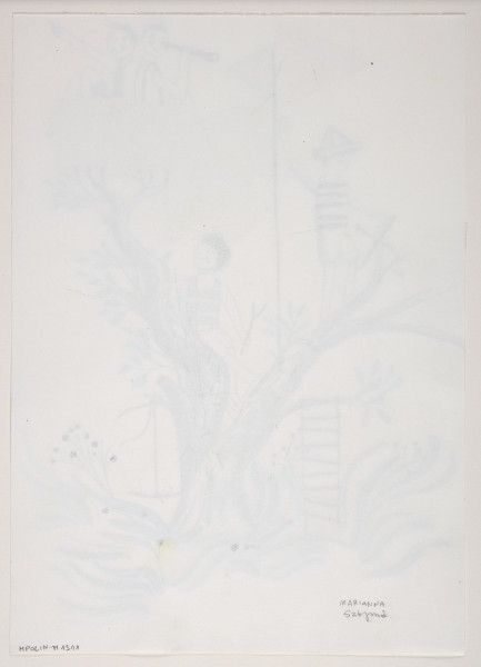 kolaż - Praca w kolorach (różne odcienie): niebieskim, czarnym, brązowym, żółtym, czerwonym, różowym (fioletowym). Przedstawienie czterech chłopców na drzewie, na którego pniu widnieje brązowy napis BURZA. Postacie chłopców, drzewo (dwa pnie oraz gdzieniegdzie liście), drabina zwisająca z gałęzi u dołu, kwiaty oraz trawy - narysowane, podmalowane ekoliną (seledynowoniebieska), także namalowane (liny drabiny, kwiaty); elementy korony drzewa - to naklejone różnokolorowe elementy wycięte z papieru, z plamkowaniami farbami. Widoczny także stojący na ukośnie rosnącym jednym pniu duży maszt (farba) z trzema trójkątnymi flagami (elementy naklejone). Chłopiec stojący na pniu, znajdujący się najbardziej po lewej, ma na głowie czapkę (farby, miejscowo kredka; to dziecięca czapka z pozaginanej odpowiednio kartki papieru), widoczny jest na niej napis: TYTUŁ; jeden z dwóch chłopców znajdujących się na szczycie drzewa, tj. u góry po prawej, ma lunetę (farba) przy oku.