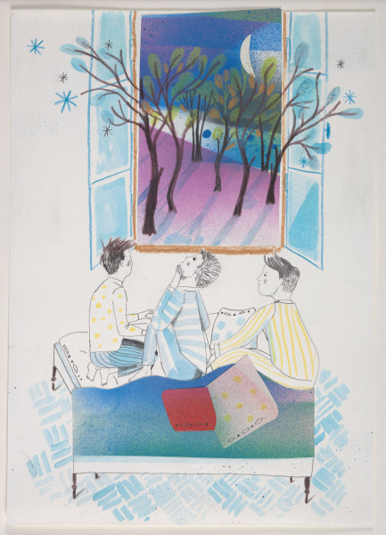 kolaż - Przedstawienie barwne trzech siedzących na łóżku z pościelą chłopców, patrzących w okno nad nimi. Ubrania chłopców rysowane ołówkiem, wnętrza z wzorami ekoliną: jedna w żółte kropki (bluza chłopca po lewej), druga w niebieskie poziome paski (chłopiec pośrodku), trzecia w żółte wąskie pionowe paski. Za oknem (przestrzeń za oknem - naklejona) widoczne są drzewa i biały księżyc u góry, na głównie ciemnoniebieskim, a u dołu różowofioletowym tle. Drzewa znajdują się w oddali, jednak górna część gałęzi drzewa najbardziej po lewej i drzew po prawej znajdują się przed niebieskimi (ekolina) szybami otwartych do wewnątrz okiennic - wyraźnie we wnętrzu pokoju; po lewej i prawej stronie okna, we wnętrzu pokoju, widoczne są także gwiazdy (narysowane schematycznie czterema kreskami). Liście drzew, które są za oknem, są zielone i brązowe (kredki), liście we wnętrzu pokoju - niebieskawe (ekolina). Pnie i gałęzie brązowe (kredka)Na łóżku, przed chłopcami, dwie poduszki (elementy naklejone) jedna z nich intensywnie czerwona; trzecia trzymana przez chłopca po prawej. Przednia część łóżka również skomponowana z elementu naklejonego, niebiesko-zielonego. Dolna część kompozycji - podłoga widoczna po lewej i prawej od łóżka i u dołu - z potrójnymi kreskami (niebieska ekolina).  Górny róg elementu przestrzeni okna wychodzi poza krawędź karty.