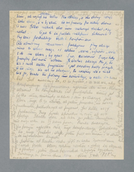 Fragment listu do Perla od Pesy Frydlender (później Kern) omawiającej wypadki, które wydarzyły się w okresie pisania listu (rok 1938 lub 1939) w środowisku znajomych. Napisany częściowo niebieskim piórem, a częściowo ołówkiem na pojedynczej czystej karcie, obustronnie. Brak początku - list zapewne napisany został na dwóch lub więcej kartach, pierwsze nie zachowały się. Na marginesach obu stron, dookoła - wzdłuż krawędzi, zapisane są ostatnie partie listu, ołówkiem - ponieważ od pewnego momentu (połowa strony verso) tekst zaczął być pisany ołówkiem, także poprawiany (niektóre słowa nawet na stronie recto, zapisanej w początkowej części tekstu piórem, są poprawione, uczytelnione, ołówkiem).
Z treści: ,,[…] nie reflektowałbyś nawet za 1000 zł. Poleciłam Olka B. ... wydzwoniłam go i pertraktacje trwają. Prawdopodobnie dostanie się. Wynagrodzenie powyżej 250 zł. A w ogóle ostatnio kwitnie przyjaźń z Bachrami [tj. Aleksandrem Bachrachem i jego żoną?]. I Wandzia już per ,,Ty''. Nastręczyłam jej nowego patrona [?}, bo ze swoim nie rozmawia, nie daje jej substytucji, jest w b. przykrej sytuacji. Przy okazji nadmieniam, iż Twój przyjaciel Olek, który wczoraj śpiewał hymny pochwalne na Twoją część, sądzę, że szczerze, w czasie mojej wizyty, stwierdził, iż nie skalałeś się bezpośrednim listem pod jego adresem. Wyśpiewywał jakąś piosenję na Twoją cześć i b. [słowa/o nieczytelne] mówił o Twoich listach do Tross –. […]''