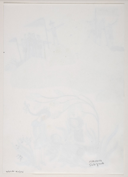 kolaż - Przedstawienie, głównie w tonacji niebiesko-czarnej, dwóch dziewczynek nad leżącym chłopcem (postacie narysowane ołówkiem, podmalowane ekoliną: czarną i seledynową) - te trzy postacie są większe niż inne; powyżej przedstawienie dwóch grup dzieci (kredki); grupy to trójka oraz piątka dzieci, w tej ostatniej grupie jedno dziecko nieco osobno, pośrodku szerokości. Grupy dzieci stoją na bryłach (elementy naklejone), których krawędzie są częściowo wydarte (krawędzie górne), a częściowo wycięte (krawędzie dolne i boczne).Nad dziewczynkami, które mają na głowach białe prostokąty z czarnym krzyżykiem pośrodku, pochylająca się w prawo górna część krzewu z jedenastoma dużymi liśćmi (elementy naklejone). Chłopiec i dziewczynki uśmiechają się. Chłopiec leży na gałęziach (kreski brązową i niebieską kredką).Na największej z brył, na której stoją grupki dzieci u góry, narysowane po prawej u dołu schematycznie zielone rośliny (kredka); pośrodku tej bryły - naklejony element kilkubarwny, z m.in. kolorem czerwonym, odróżniającym się od ogólnej tonacji kolorystycznej. Troje dzieci z grupek u góry trzyma po jednym sztandarze - mają kolor niebieski, środkowy - niebiesko-zielony. 