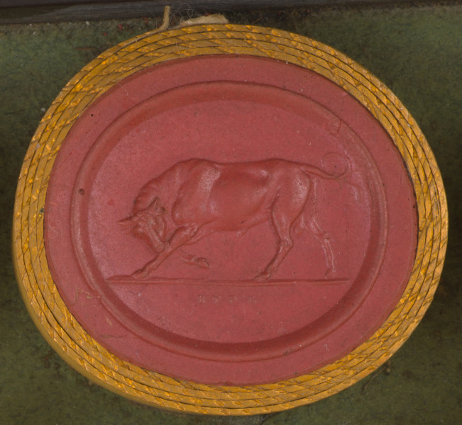 czerwona owalna gemma w grubym złotym obramowaniu; postać byka widziana z profilu, byk pochyla łeb i orze ziemię kopytem - prawdopodobnie szykuje się do ataku