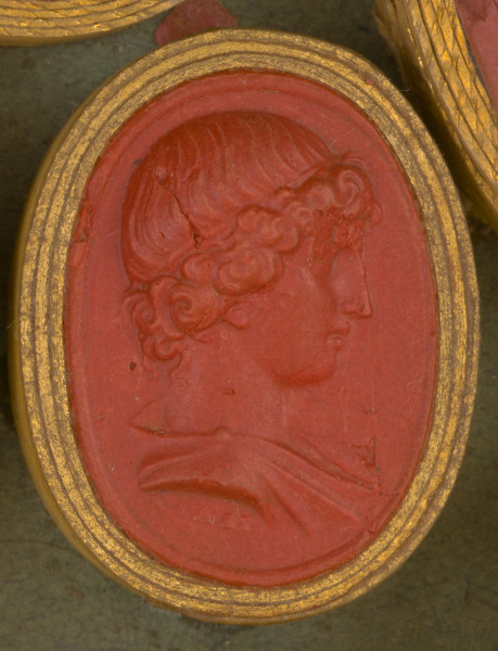 czerwona gemma, owalna pionowa, w grubym złotym obramowaniu. Prawy profil chłopca o lekko kręconych, spiętych opaską włosach. Nos prosty, usta lekko rozchylone. Na ramionach tunika.