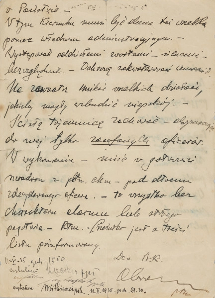 list wojskowego z okresu międzywojennego - Ujęcie z tyłu; Dwustronny list napisany ręcznie czarnym tuszem na pożółkłym papierze przez pułkownika Romana Abrahama – Dowódcę Brygady Kawalerii Bydgoszcz, do dowódców pułków wchodzących w skład Brygady. od listem, obok podpisu płk. Abrahama, widnieją podpisy odbiorców: NN (tożsamości nie udało się ustalić), ppłk. Jana Jastrzębskiego, dowódcy 8 Pułku Strzelców Konnych, płk. Leona Mitkiewicza - Żółtka, dowódcy II Pułku Szwoleżerów Rokitiańskich. w Starogardzie Gdańskim.
