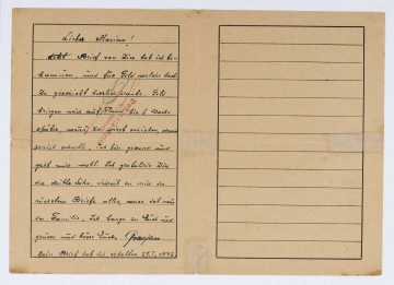 ML/MART/40 List obozowy napisany w j. niemieckim z KL Auschwitz przez Gracjana Sopińskiego (nr obozowy 23536 Block 9/3) do Mariana Ulińskiego, list pisany na 2 stronie, pismo od lewej do prawej.