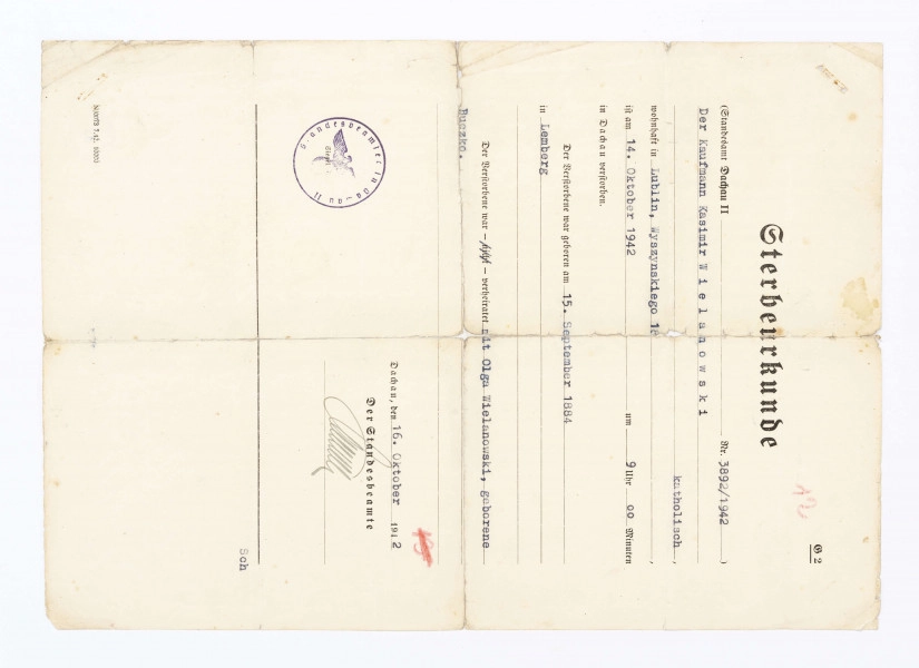 Akt zgonu wydany przez administrację obozową  KL Dachau na nazwisko Wielanowski Kazimierz zmarły w obozie KL Dachau II 14 października 1942 r.
