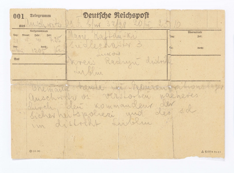 Telegram obozowy z KL Auschwitz do Marii Kaflańskiej zamieszkałej w Łukowie informujący o śmierci jej męża w obozie.