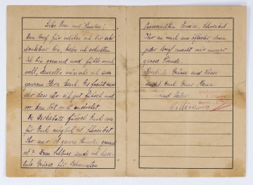 ML/MART/43 List obozowy napisany w j. niemieckim przez Kazimierza Mierzwę więźnia obozu KL Auschwitz, list posiada 4 strony, zapisane są 2, pismo od lewej do prawej.