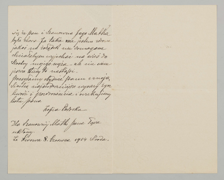 List składa się z dwóch części, W części pierwszej zapisane są wszystkie strony - cztery,  w drugiej części - dwie. Papier listowy gładki z widocznym pod światło motywem kwiatowym. Narożnik lewy pierwszych kart w kolorze czarnym. List pisany czarnym atramentem, pismo czytelne, pochylone w prawo.
