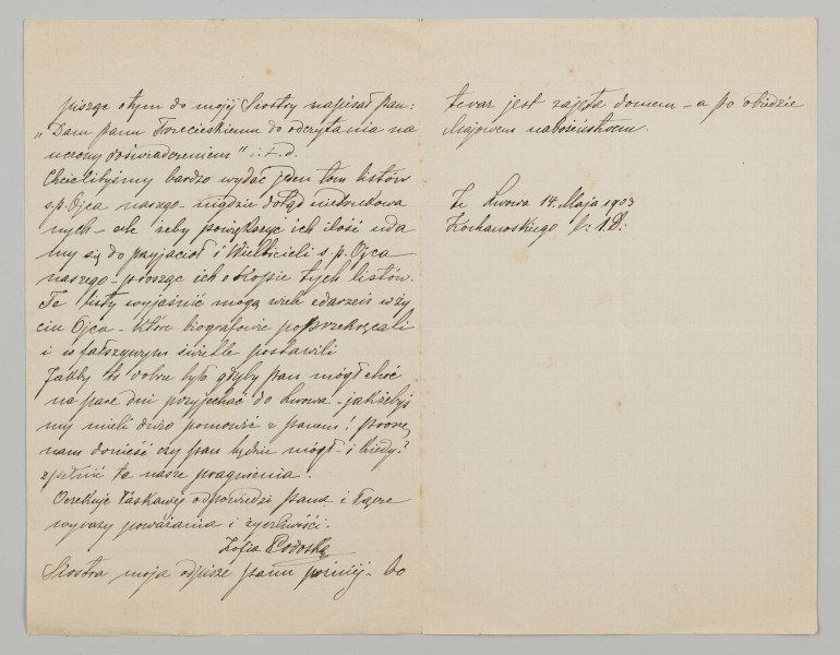 List sporządzony na papierze w kratkę, papier pożółkły. Zapisane dwie strony, trzecia w jednej trzeciej. List pisany czarnym atramentem, pismem pochyłym na stronę prawą. Na koniec listu podana miejscowość, data i adres.
