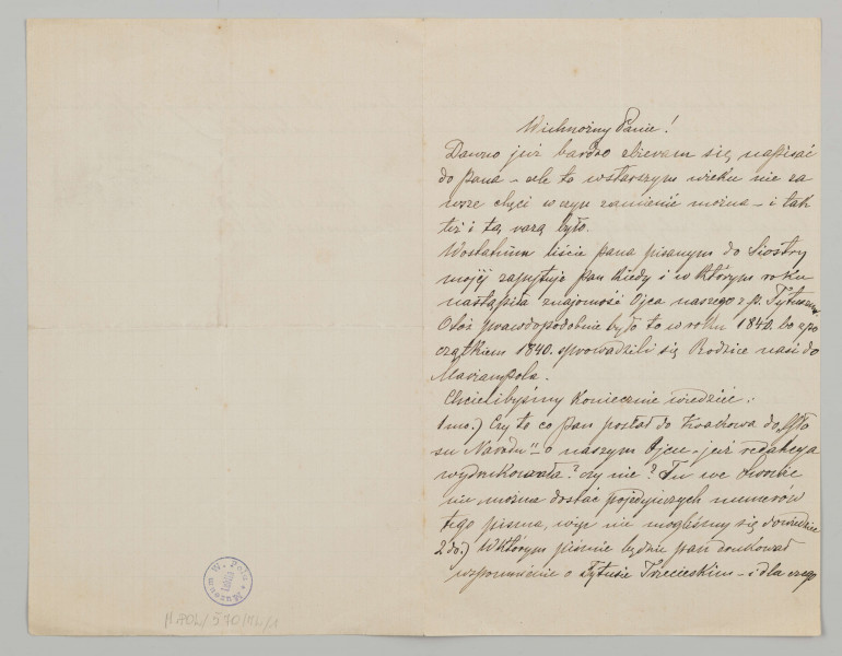 List sporządzony na papierze w kratkę, papier pożółkły. Zapisane dwie strony, trzecia w jednej trzeciej. List pisany czarnym atramentem, pismem pochyłym na stronę prawą. Na koniec listu podana miejscowość, data i adres.
