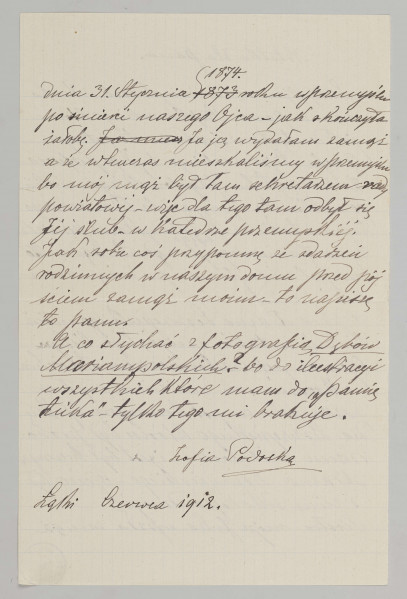 List na papierze kratkowanym, liczy 4 kartki (8 stron), wszystkie zapisane pismem czytelnym, pochylonym w prawą stronę, czarnym atramentem. Podkreślenia i poprawki na stronie 3, 5, 8.
