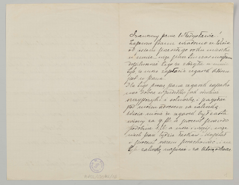 List na papierze kratkowanym, skałda się z dwóch kart (4 strony), zapisano trzy strony pismem czytelnym, pochylonym w prawą stronę, czarnym atramentem. W tekście podkreślony dwykrotnie wyraz `Dębów`, plama z atramentu na stronie 2 i 3.
