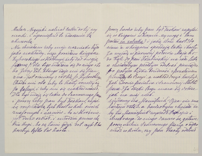 List na papierze kratkowanym, 4 strony zapisane, zachowany duży margines od góry i dołu a także ze strony lewej. List pisany pismem czytelnym, pochylonym w stronę prawą, niebieskim atramentem. Podkreślenia na stronie 3 i 4.
