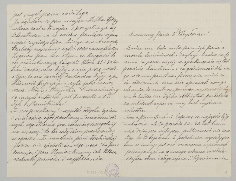 List na papierze kratkowanym, liczy 4 kartki (8 stron), wszystkie zapisane pismem czytelnym, pochylonym w prawą stronę, czarnym atramentem. Podkreślenia i poprawki na stronie 3, 5, 8.
