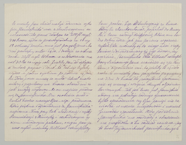 List na papierze w kratkę, liczy 2 kartki, 4 strony zapisane pismem czytelnym, pochylonym w prawą stronę, niebieskim atramentem, charakterystyczny dazek nad literą `d`, podkreślone wyrazy na ostatniej stronie listu.
