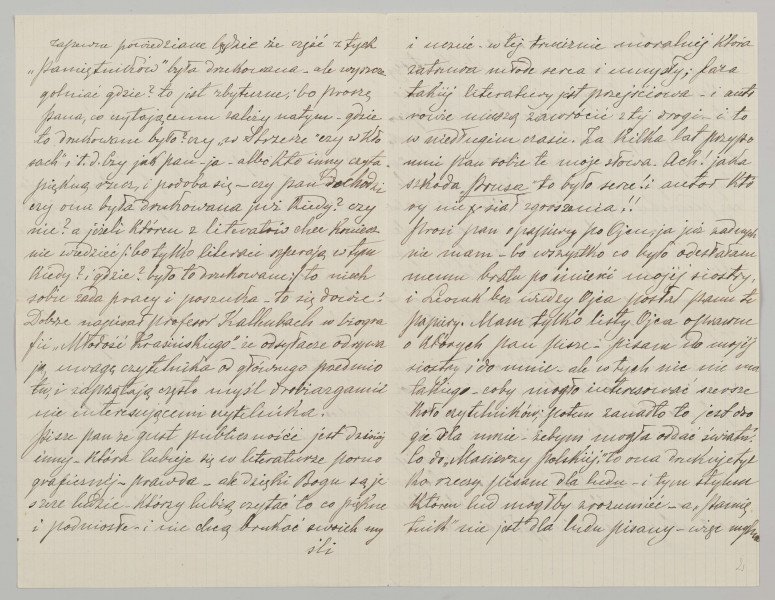 List na papierze kratkowanym, liczy 4 kartki (8 stron), wszystkie zapisane pismem czytelnym, pochylonym w prawą stronę, czarnym atramentem. Podkreślenia i poprawki na stronie 3, 5, 8.
