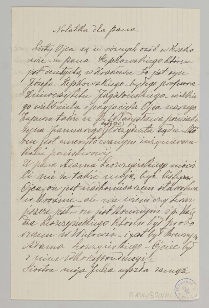 List na papierze kratkowanym, liczy 4 kartki (8 stron), wszystkie zapisane pismem czytelnym, pochylonym w prawą stronę, czarnym atramentem. Podkreślenia i poprawki na stronie 3, 5, 8.
