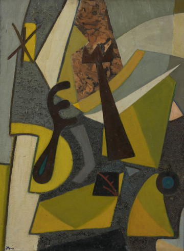 obraz - ujęcie z przodu; Kompozycja abstrakcyjna układu zgeometryzowanych form. Nad dolną krawędzią czarny trójkąt wpisany w szarą prostokątną płaszczyznę o gruzełkowatej fakturze. Przedłużeniem prostokątnej jest skierowana w górę płaszczyzna łącząca się w środkowej części obrazu z płaszczyzną szarości po lewej stronie. Przy lewej krawędzi obrazu wydłużona forma pionowa zgaszonej bieli przerwana pośrodku płaszczyzną szarości, z wpisaną w szarość kolistą płaszczyzną żółci. Tło układów środkowej części obrazu stanowi wypełniający wysokość trójkąt równoramienny ciepłych zieleni i zgaszonych żółci. Na nim u góry wklejona płaszczyzna papieru zadrukowanego 