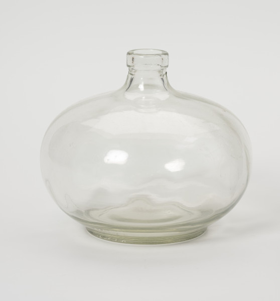 muchołapka - Ujęcie z przodu; Muchołapka wykonana z bezbarwnego, grubego szkła odlanego w formie. Kształt zbliżony do spłaszczonej kuli. Szyjka bardzo krótka z kołnierzem przy wylewie. Dno wyraźnie wyodrębnione w postaci niewysokiej stopki.