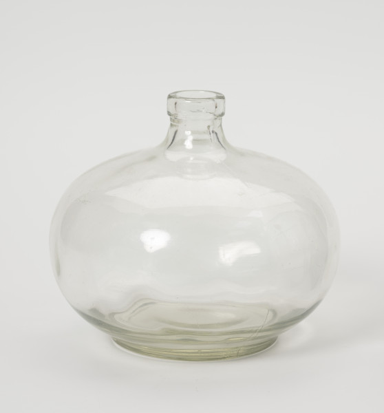 muchołapka - Ujęcie z przodu; Muchołapka wykonana z bezbarwnego, grubego szkła odlanego w formie. Kształt zbliżony do spłaszczonej kuli. Szyjka bardzo krótka z kołnierzem przy wylewie. Dno wyraźnie wyodrębnione w postaci niewysokiej stopki.