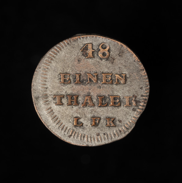 szeląg (1/48 talara) - rewers; srebrna moneta, poziomy napis: 48/EINER/THALER/1761/ LFK. Otok kreseczkowy.