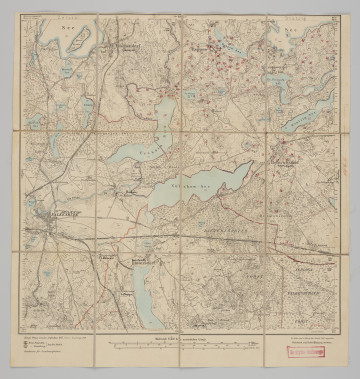 MNS/ADA-M/455 drukowana mapa 1066 Falkenburg I - Ujęcie z przodu; Mapę 1066 Falkenburg I opracowano w 1875, a wydano w 1875 roku. Obejmuje obszar w pobliżu miejscowości Falkenburg, Kreis Dramburg, Reg. Bez. Köslin, Prov. Pommern, dziś Złocieniec, pow. drawski, woj. zachodniopomorskie, Polska. Na drukowanej mapie ręcznie naniesiono warstwę z numeracją obiektów fizjograficznych odnoszących się do miejscowości: Reppow, dziś Rzepowo; Blumenwerder, dziś Piaseczno; Heinrichsdorf, dziś Siemczyno.