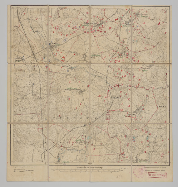 drukowana mapa 866 Moratz I - Ujęcie z przodu; Mapę 866 Moratz I opracowano i wydano w 1889, a dodrukowano w 1919 roku. Obejmuje obszar w pobliżu miejscowości Moratz, Kreis Cammin, Reg. Bez. Stettin, Prov. Pommern, dziś Kamień Pomorski, pow. kamieński, woj. zachodniopomorskie, Polska. Na drukowanej mapie ręcznie naniesiono warstwę z numeracją obiektów fizjograficznych odnoszących się do miejscowości: Holzhagen, dziś Leszczno; Moratz, dziś Moracz; Baumgarten, dziś Włodzisław; Klötzin, dziś Kłodzino; Drewitz, dziś Drzewica; Rackitt, dziś Rokita; Zarnglaff, dziś Czarnogłowy; Böck, dziś Skalin; Radduhn, dziś Raduń; Prust, dziś Pruszcz; Wendisch Pribbernow, dziś Przybiernów; Dummadel, dziś Tąpadły; Neklatz, dziś Niekładź; Lübsow, dziś Lubieszewo; Lerche, dziś Skowrony; Rottnow, dziś Buk; Schwanteshagen, dziś Świętoszewo; Trechel, dziś Trzechel; Siegelkow, dziś Żychlikowo; Kantreck, dziś Łożnica; Rothenfier, dziś Czermnica.