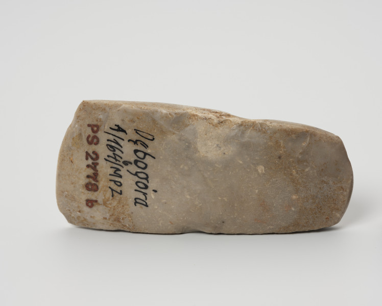 siekiera krzemienna - Ujęcie z tyłu; Siekiera czworościenna o grubym obuchu i lekko skośnym ostrzu, szlifowana i gładzona na całej powierzchni, wykonana z krzemienia kredowego