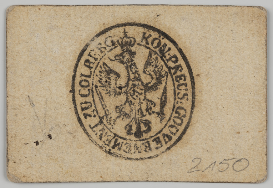 4 grosze - Ujęcie z tyłu; Na rewersie odbita w czarnym tuszu owalna pieczęć gubernatora Kołobrzegu z orłem pruskim w ustawieniu heraldycznym w ciągłej obwódce i napisem w otoku: KÖN: PREUS: GOUVERNEMENT ZU COLBERG. Obwódka zewnętrzna ciągła.