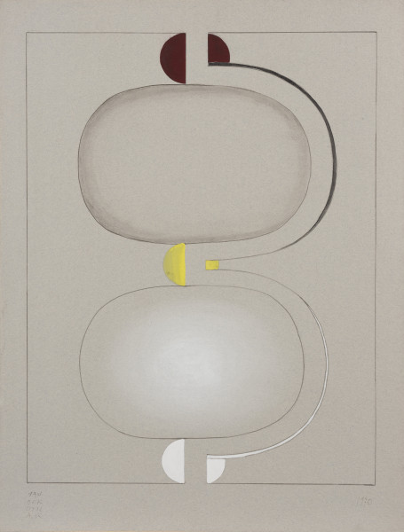 Kompozycja kół w obrysie - Ujęcie z przodu; Kompozycja pionowa złożona z dwóch elips usytuowanych jedna nad drugą. Kontur elipsy w górnej części jest zaciemniony cieniowniem od brzegów do coraz jaśniejszych krawędzi wewnętrznych. Ze środka elipsy dolna jaśnieje biała, rozświetlona plama. Obie elipsy łączą trzy kolorowe półkola i ćwierćkola (brązowe, żółte i białe) połaczone liniami okalającymi elipsy z ich prawej strony. Całość zamyka namalowana cienka linia ramy.