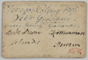 4 grosze - Ujęcie z przodu; Na awersie w wytartej, słabo czytelnej bordiurowej obwódce napis: No: 3901. Colberg 1807./ Viér Groschen./ under Konigl. Garantie. (niebieski atrament). Poniżej podpisy 