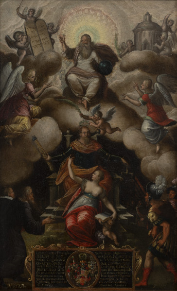 scena gloryfikacji władzy - ujęcie z przodu; Pośrodku postać brodatego mężczyzny w oksydowanej zbroi i pomarańczowo-czerwonym płaszczu trzymającego w prawej dłoni wiązkę strzał a w lewej wagę. Ponad nim putto z wieńcem laurowym i liściem palmy. Powyżej na biało-szarych obłokach postać starszego brodatego mężczyzny odzianego w rozwiane szaty, unoszącego prawą rękę. W lewej trzyma kulę ziemską. Jego głowę otacza aureola przypominająca rozłożony pawi ogon w bieli. Po bokach od góry putta podtrzymujące kamienne tablice i model świątyni. Niżej dwa adorujące anioły. W dolnej partii kompozycji pośrodku postać kobiety z odsłoniętymi piersiami. Ubrana jest w niebieską suknię i czerwoną pelerynę. Rękę i wzrok unosi w stronę tronującego mężczyzny, a drugą opiera na księdze podtrzymywanej przez putto. Po bokach tronu postacie mężczyzn w XVII-wiecznych strojach. Po lewej dwóch duchownych, po prawej żołnierze w antykizujących zbrojach. Przy dolnej krawędzi tablica inskrypcyjna w ramie z ornamentem okuciowo-wolutowym. Pośrodku dziewięciopolowy herb z labrami podtrzymywany przez postacie dwóch mężczyzn w hełmach z pawimi piórami.