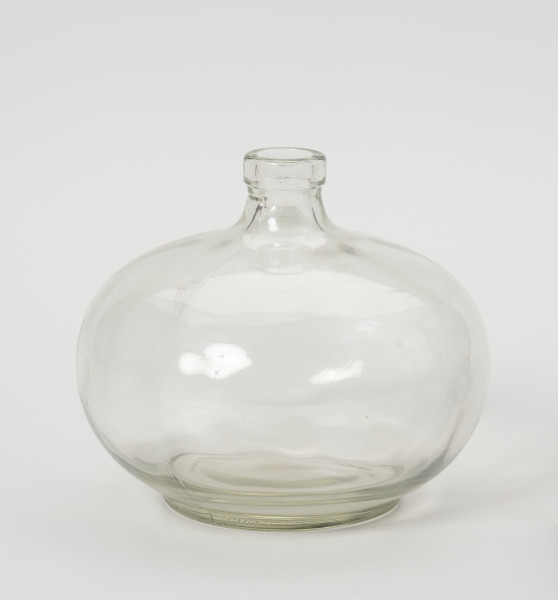 muchołapka - Ujęcie z przodu; Muchołapka wykonana z bezbarwnego, grubego szkła odlanego w formie. Kształt zbliżony do spłaszczonej kuli. Szyjka bardzo krótka z kołnierzem przy wylewie. Dno wyraźnie wyodrębnione w postaci niewysokiej stopki.