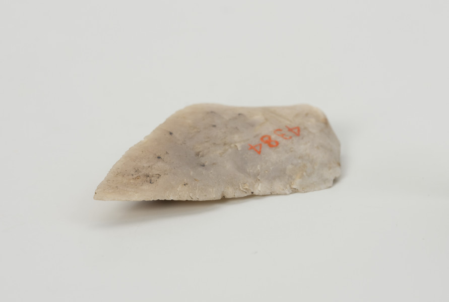 półwytwór liściaka - Ujęcie z boku; Krótki wiór w kształcie wydłużonego trójkąta, odbity miękkim tłukiem (prawdopodobnie z poroża) od większej bryły. Jego cechą charakterystyczną jest układ negatywów na stronie wierzchniej wskazujący, że zasadniczy kształt został uformowany jeszcze przed odbiciem. Jest to tzw. debitaż predefiniowany. Brakuje retuszu, który formowałby krótki trzonek. Ze względu na jego rozmiary prawdopodobnie miał służyć jako grot włóczni.