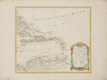 MNS/M/702 Mapa Wielkich i Małych Antyli oraz Morza Karaibskiego - ujęcie z przodu; Mapa Wielkich i Małych Antyli oraz Morza Karaibskiego o wymiarach: szer. 61,5 cm x wys. 83 cm, obejmująca obszar od Bahamów przez ujście rzeki Santa Clara (Kuba) i Panamę na zachodzie; na południu od Kartageny, przez północne wybrzeże Ameryki Południowej do Trynidadu i Barbados. Na arkuszu widoczny odcisk płyty o wymiarach 58 x 65 cm. Napisy poza ramką mapy: dół, prawy róg -